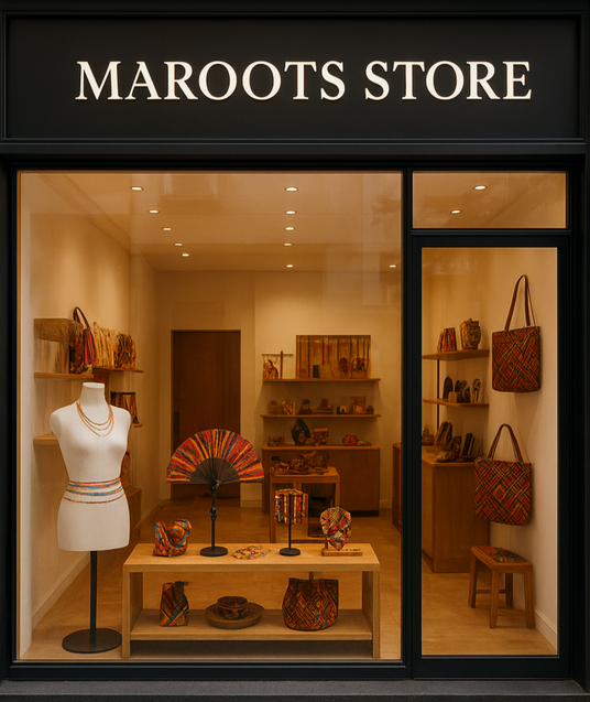 Storefront of MARoots Store with interior display of bags and decor items.
